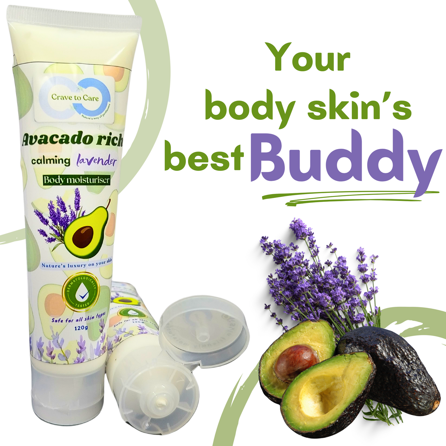 The image shows a tube of 'Avacado rich calming lavender body moisturizer' with its cap and lid removed, alongside fresh avocados and lavender flowers. The text emphasizes the product as a luxury body moisturizer for the skin.