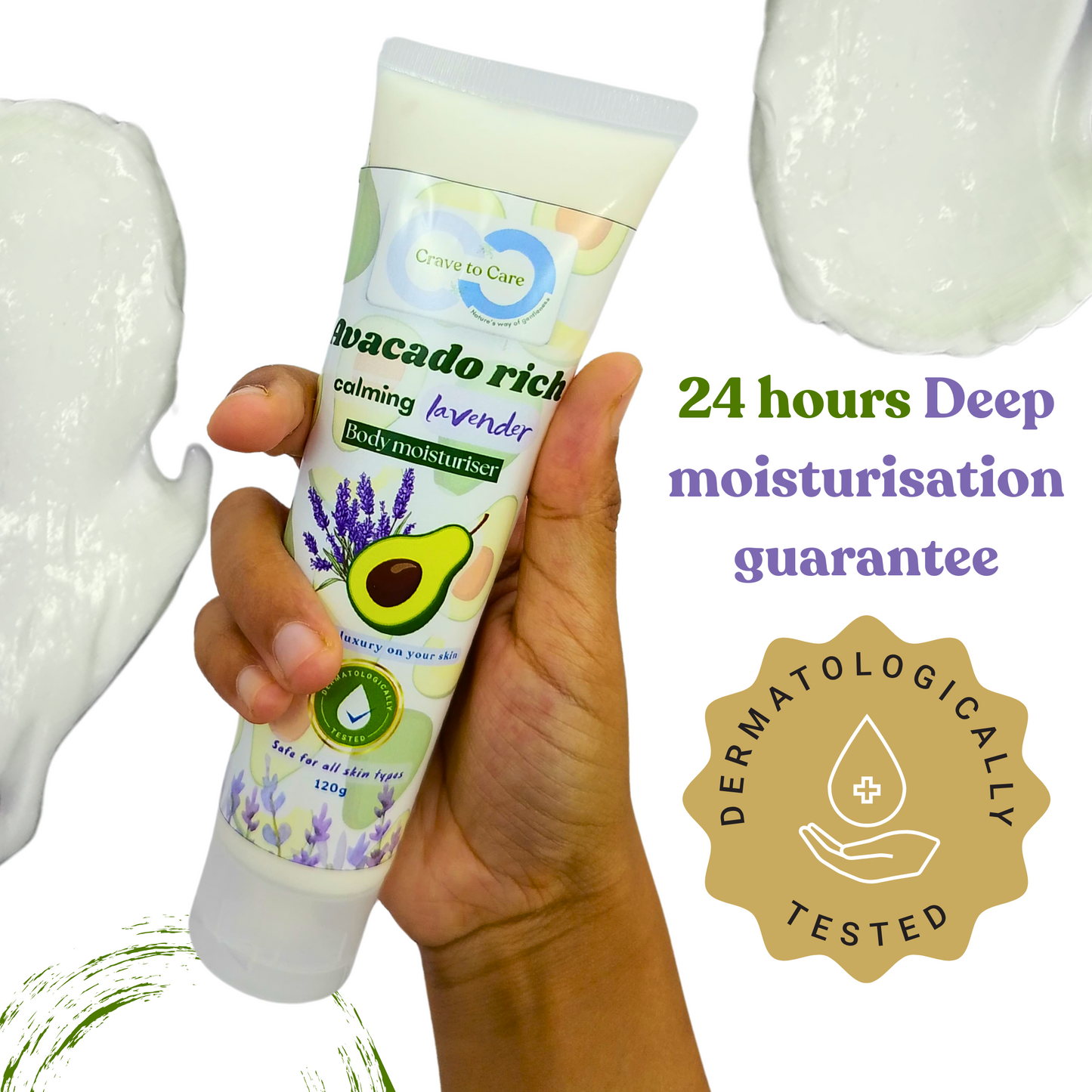 A hand holding a tube of 'Avacado rich calming lavender body moisturizer' with a white creamy product visible at the tube's opening.