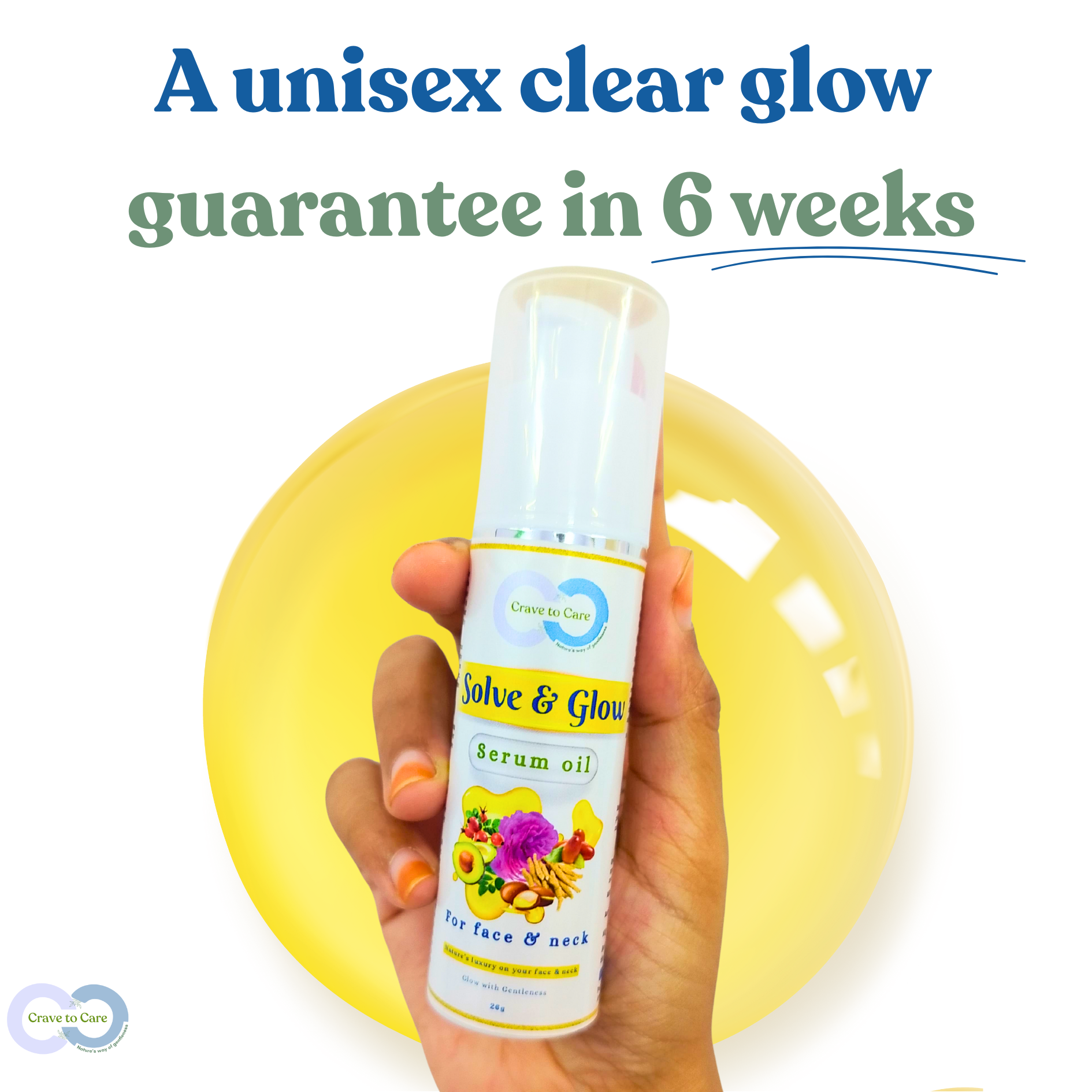 Hand holding a bottle of 'Solve & Glow serum oil' from Crave to Care'.