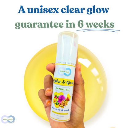 Hand holding a bottle of 'Solve & Glow serum oil' from Crave to Care'.